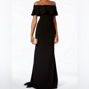 Adrianna Papell Ruffled Off Shoulder Full-Length Black Formal Dress with train